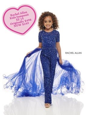 Rachel Allan Royal Blue Sequin Jumpsuit with Flowing Tulle Train